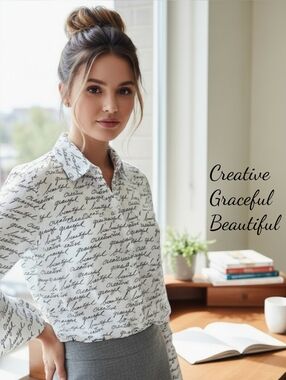 Chico’s Beautiful Graceful Creative Script Print Button Up Blouse Size 0 (Small)